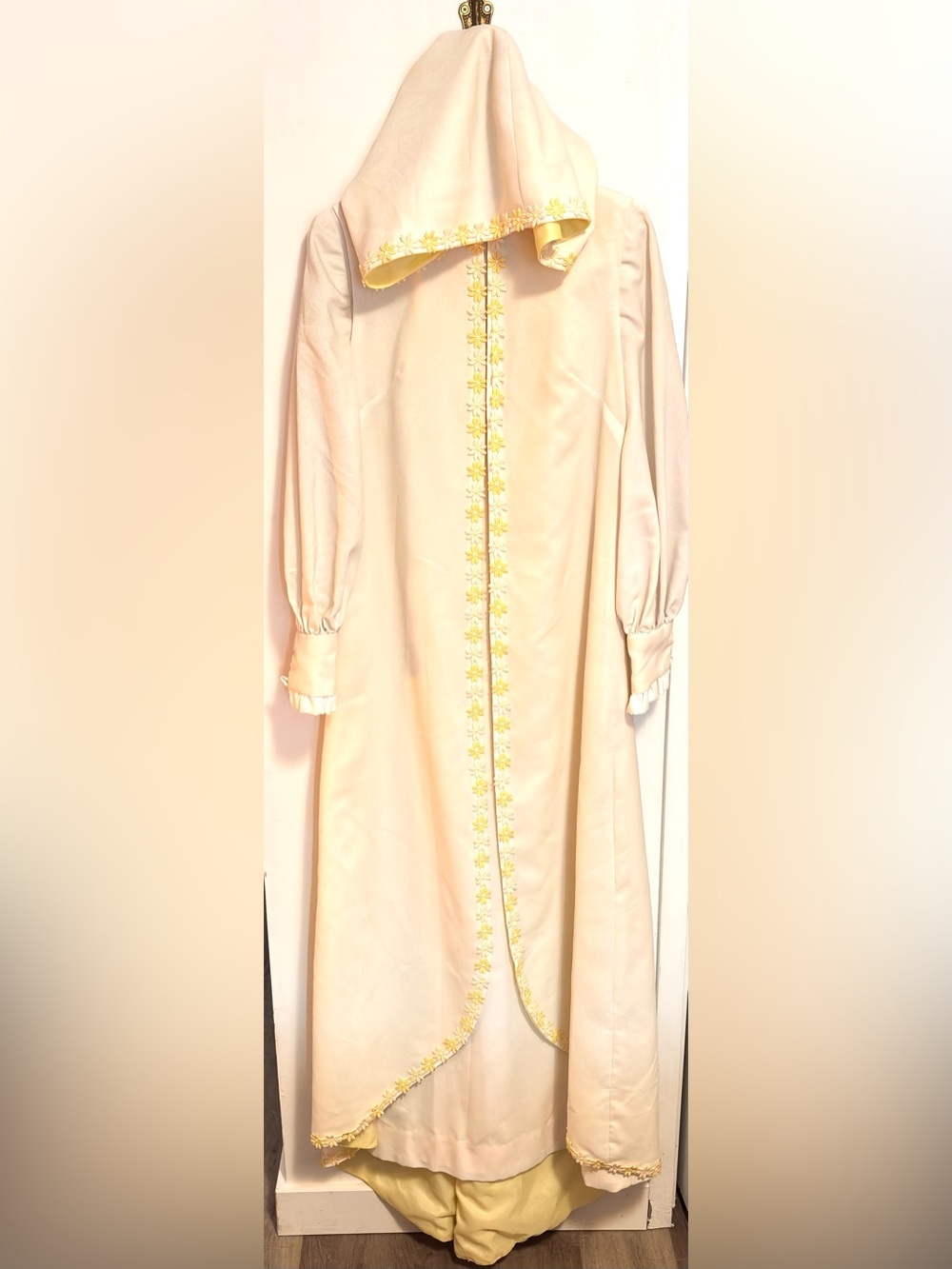 vintage empire-style dress with matching long hooded cape egg shell color